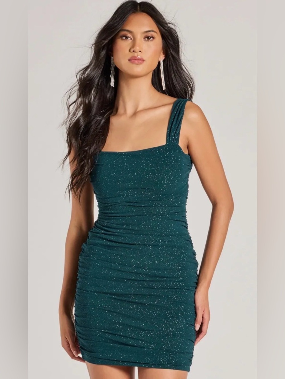 Windsor Sparkle Ruched Square-Neck Mini Dress in Teal New Size Small